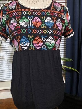 THML Black Short Sleeve Embroidered Bohemian Baby Doll Top